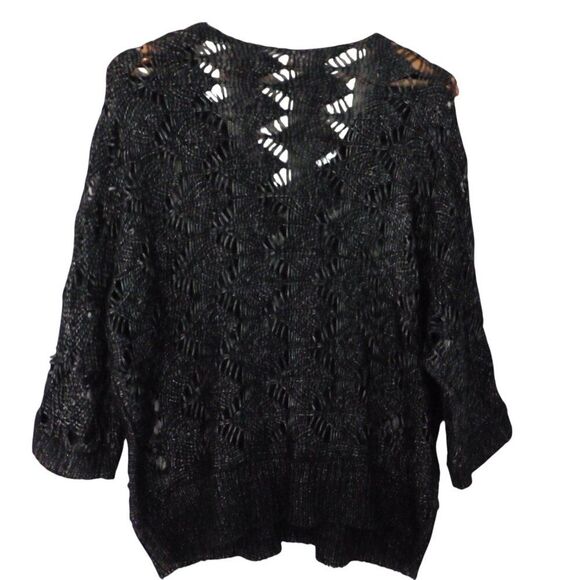 Chicos Size 2 Sweater Open Knit Black Gray Metallic Knit Elbow Sleeves Cover Up - Picture 6 of 7